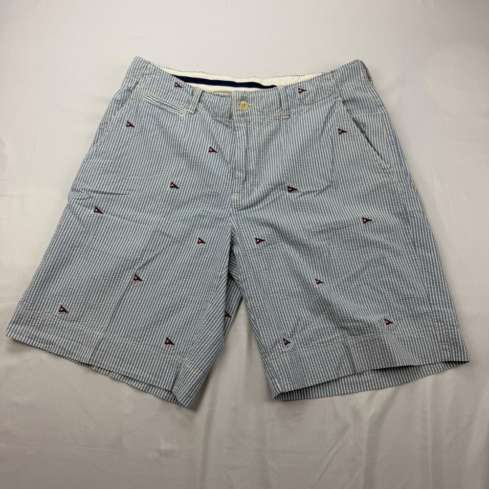Polo Ralph Lauren Shorts Mens 34 Blue Seersucker Striped Embroider Pennant Flag
